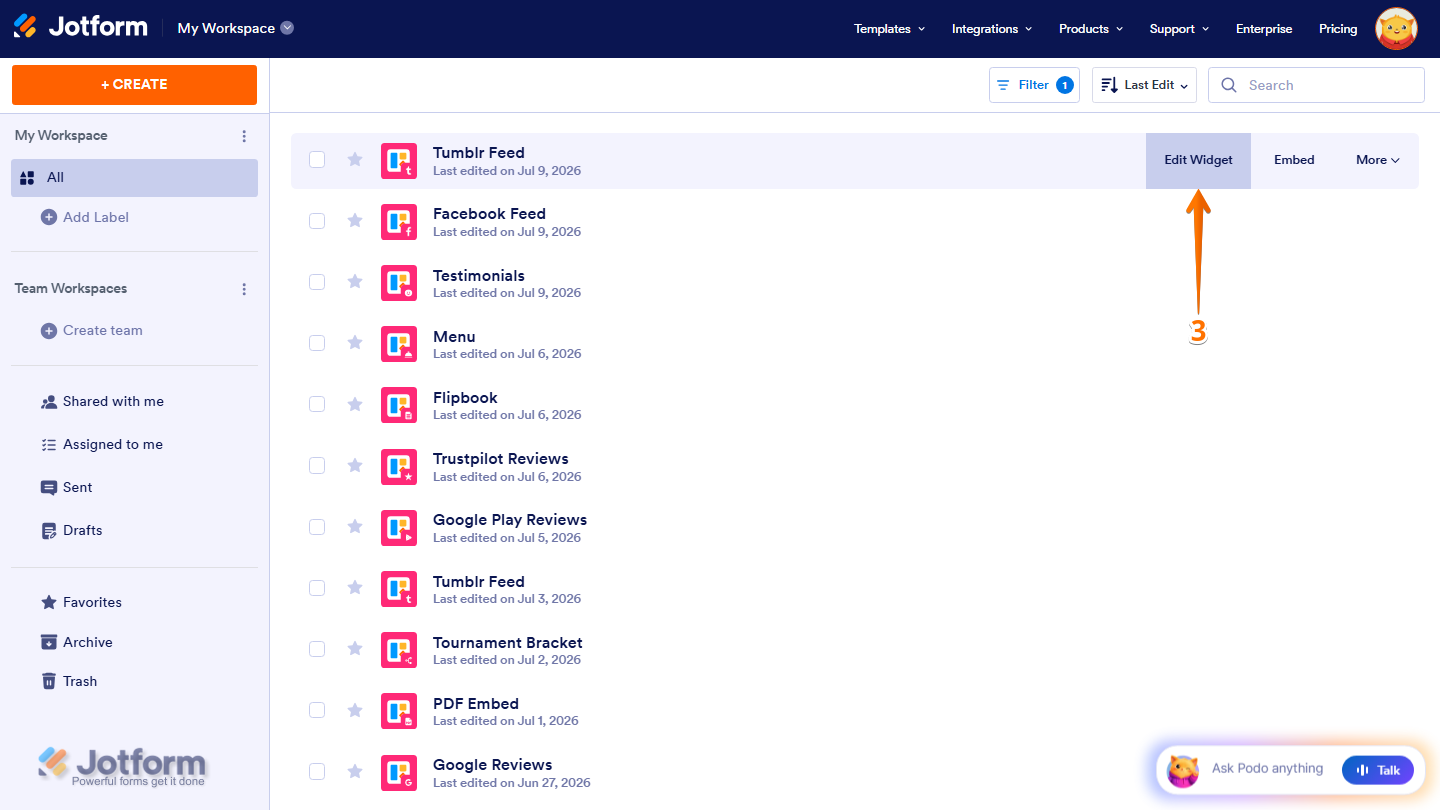 Jotform Workspace displaying a filtered list of website widgets, with the Edit Widget option visible on the right side of a widget card to open it in the Website Widget Builder