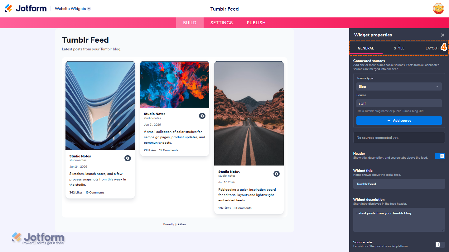 Jotform Website Widget Builder displaying the Widget Properties panel with the General, Style, and Layout tabs open, allowing users to edit the appearance, content, and display settings of a Tumblr Feed widget