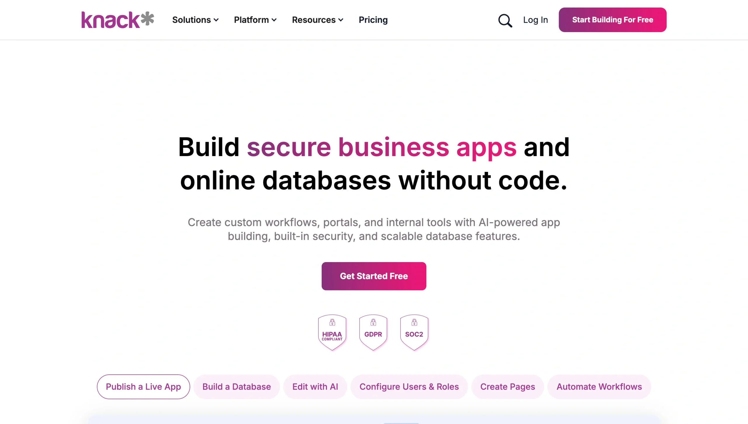 Screenshot of the Knock landing page, showing a headline "Build secure business apps and online databases without code