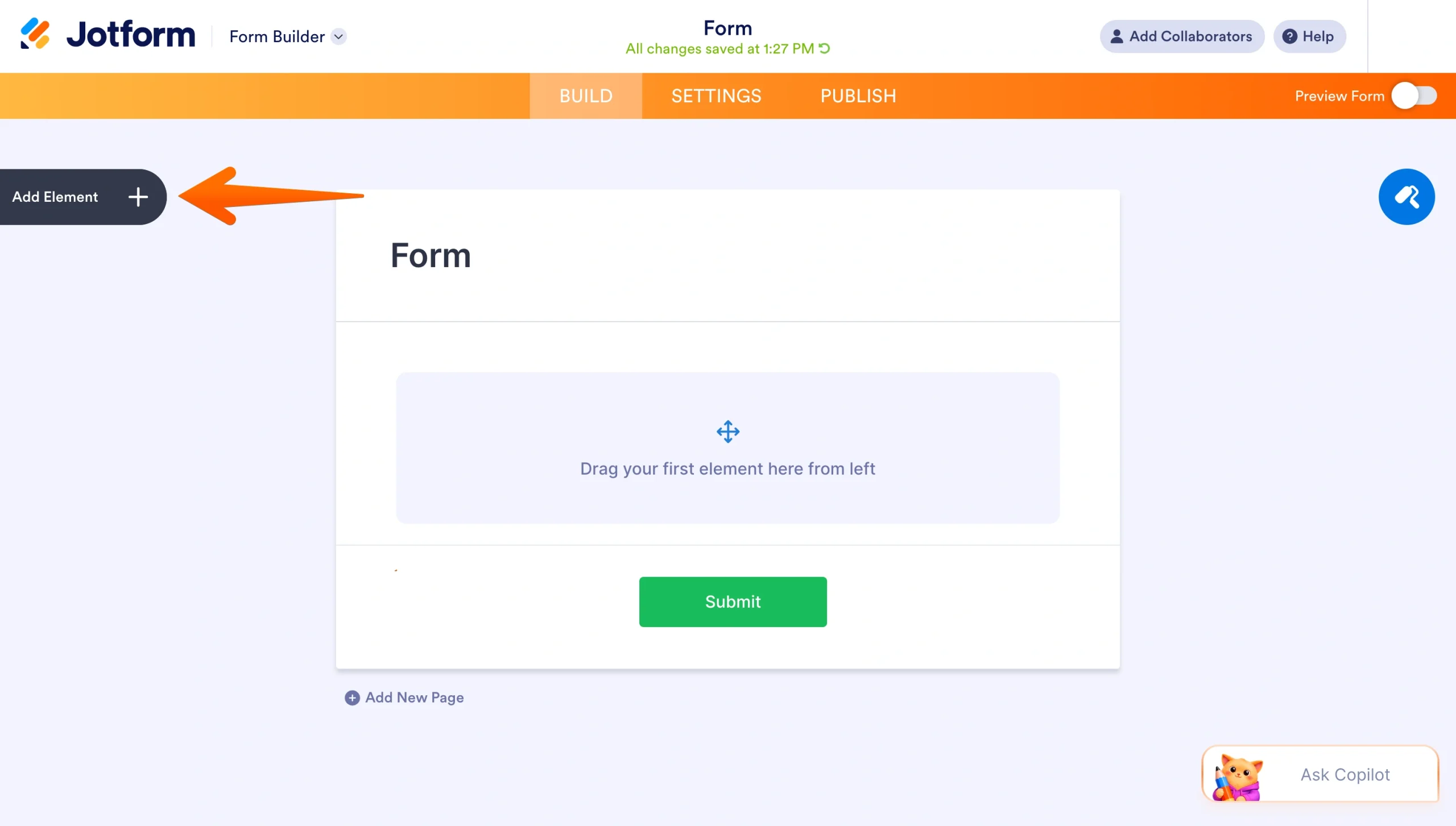 Jotform Form Builder with an orange arrow pointing to the Add Form Element button