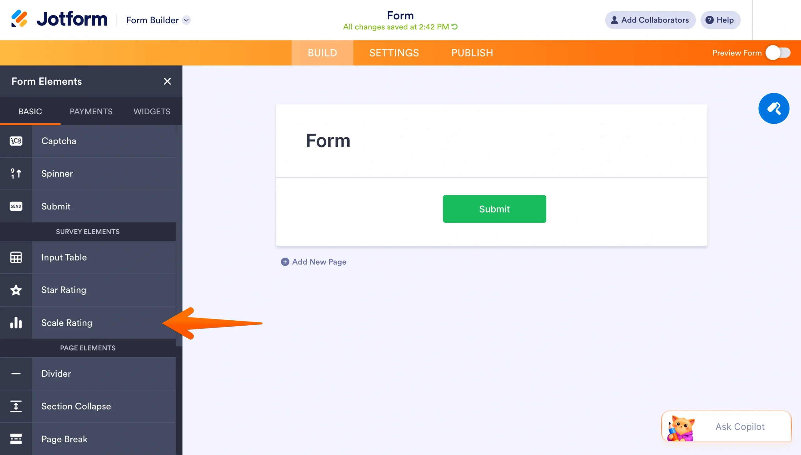 Jotform Form Builder’s Survey Elements menu with an orange arrow highlighting the Scale Rating field
