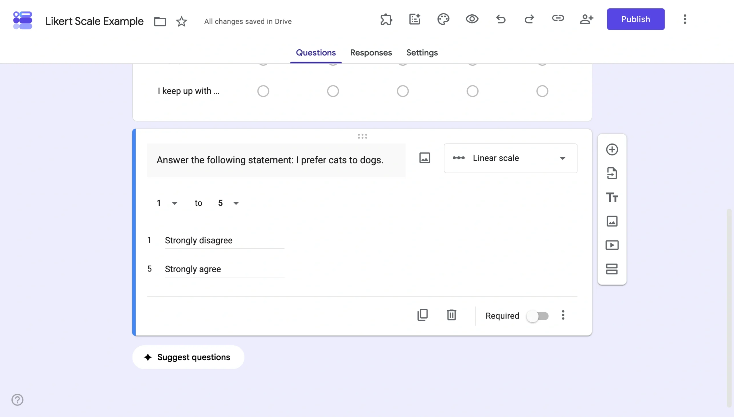 Linear scale question with numbered response options and custom endpoint labels