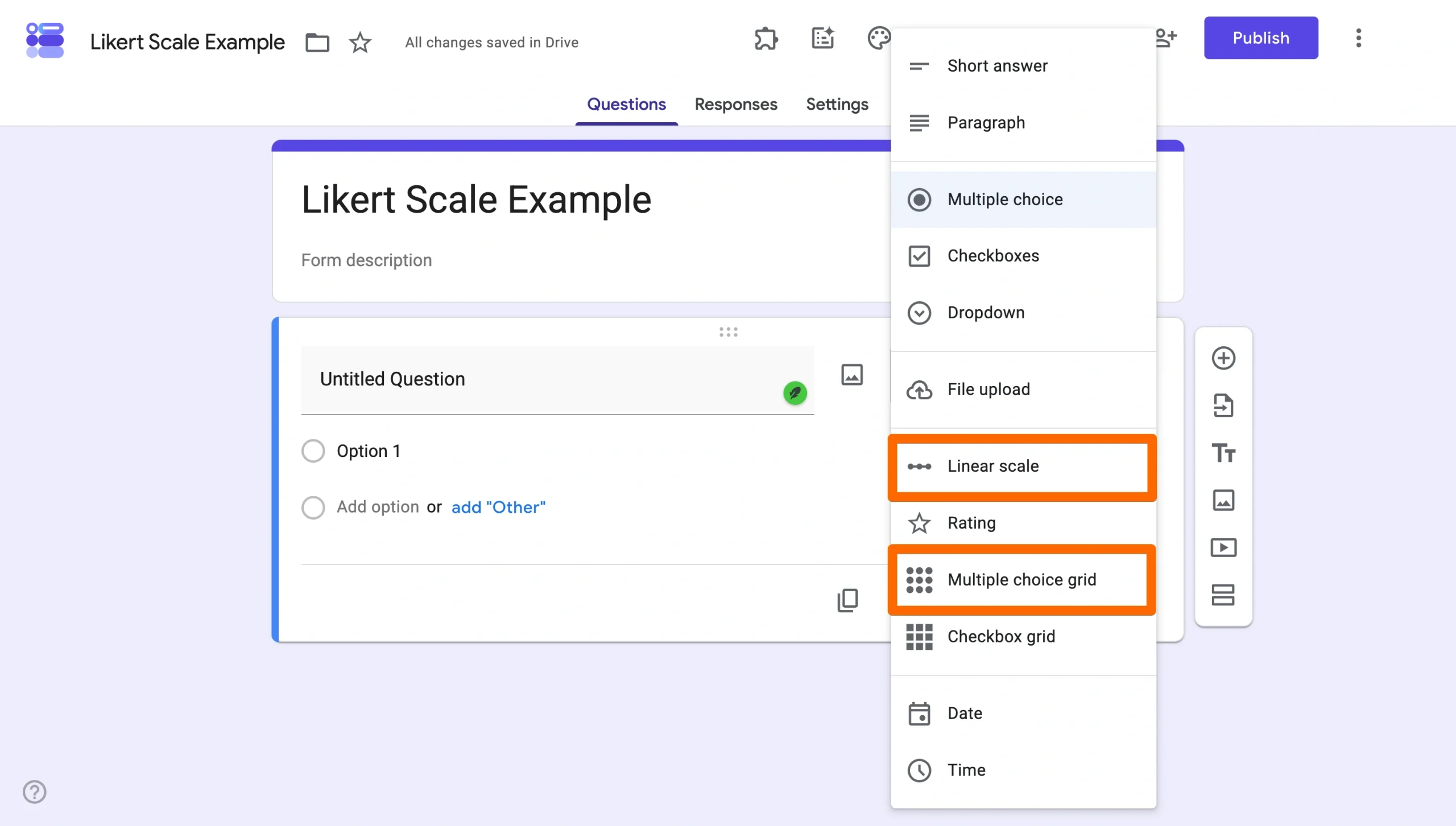 Google Forms question-type menu with Multiple choice grid and Linear scale highlighted