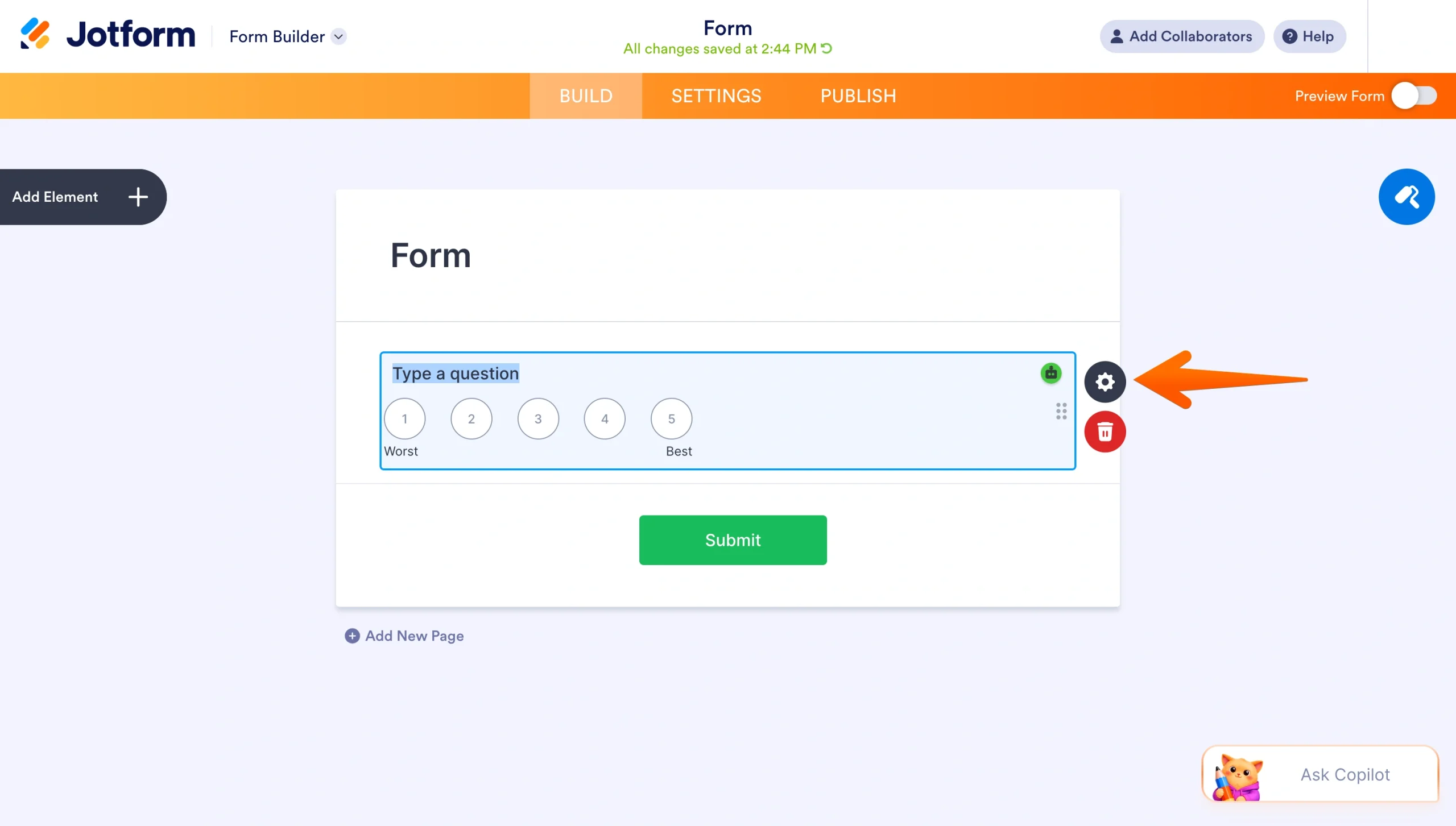 A Scale Rating field added to a Jotform form, with an orange arrow pointing to the Field Properties gear icon