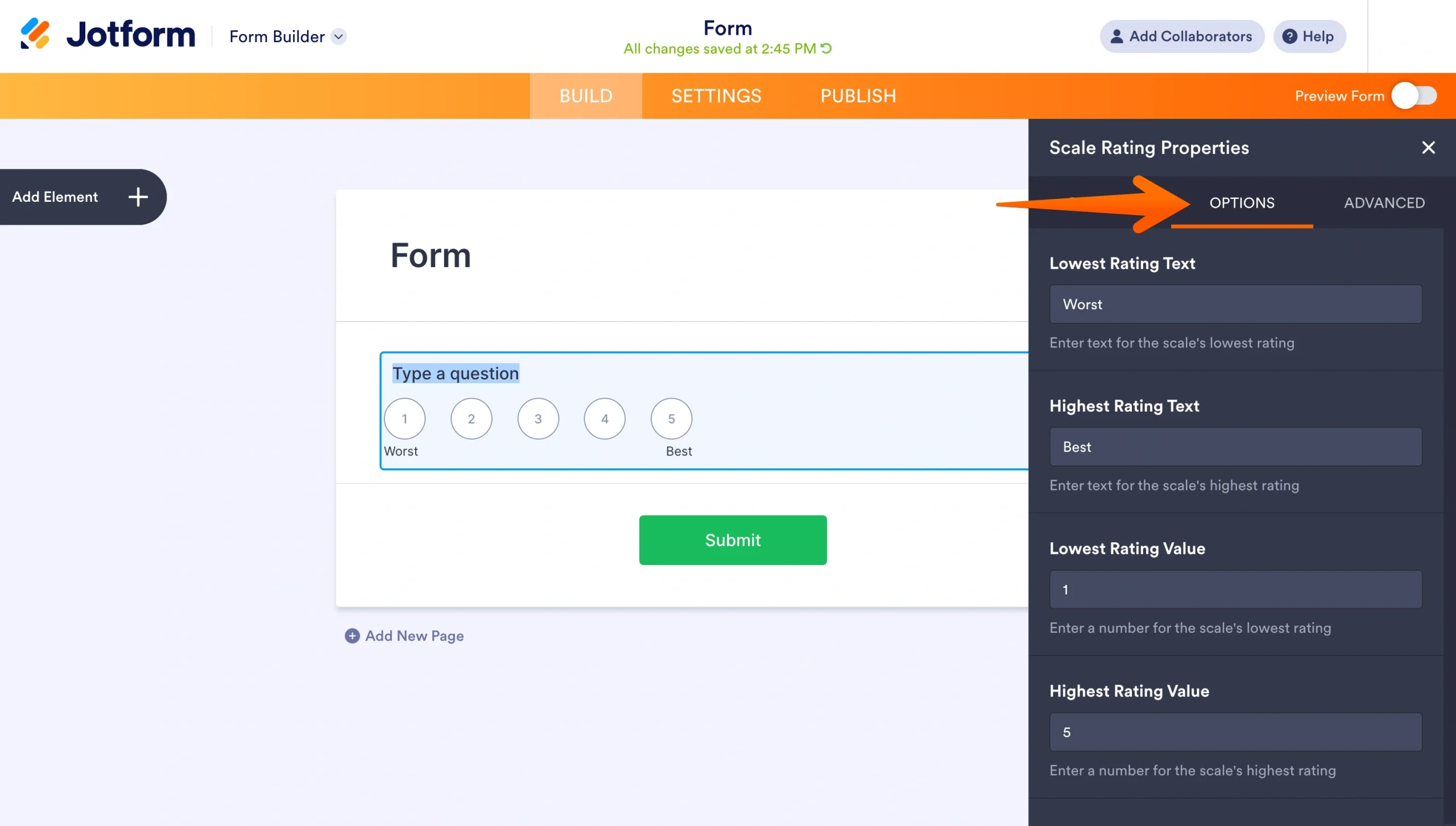 The Scale Rating Properties panel showing options for lowest and highest rating text and values