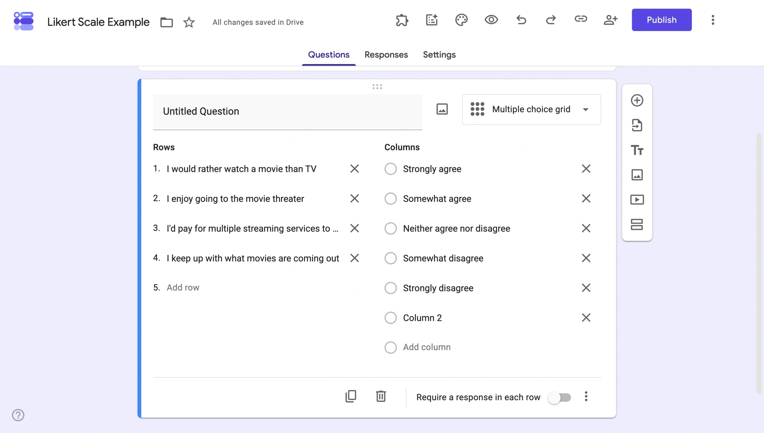 Likert scale question using a multiple-choice grid with editable rows and columns