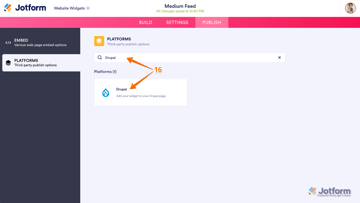 Website Widget Platforms page showing the Drupal platform selected for platform-specific embedding instructions