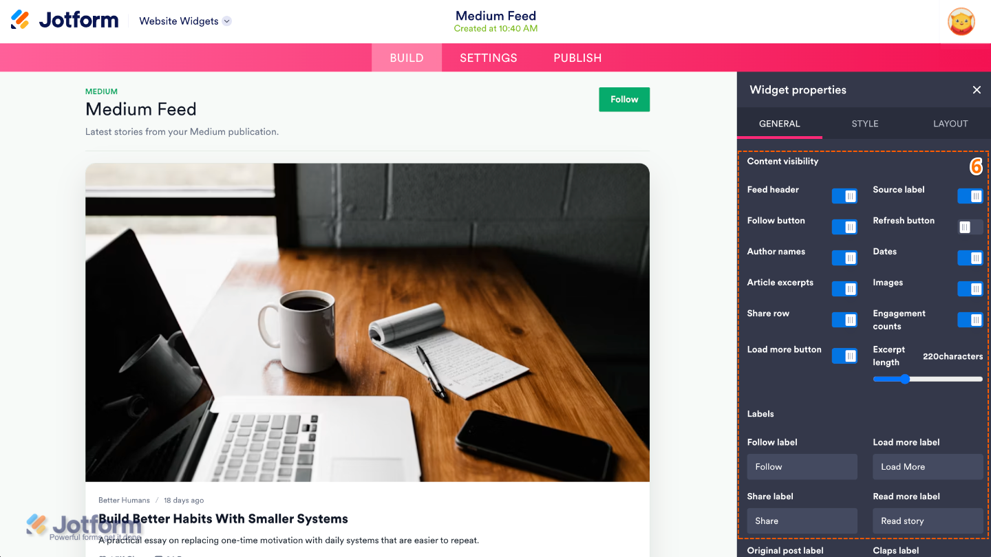 Medium Feed widget General settings showing Content Visibility options, including feed header, follow button, author names, article excerpts, images, dates, and engagement counts