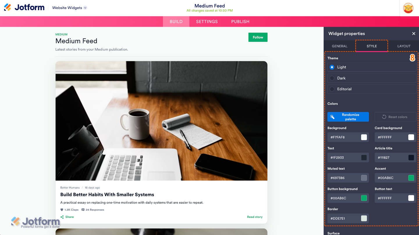 Medium Feed widget Styles settings showing Theme and color customization options, including background, card background, text, article title, buttons, and borders