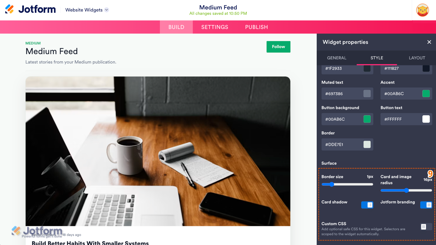 Medium Feed widget Styles settings showing Surface options, including Border Size, Card and Image Radius, Card Show, Jotform Branding, and Custom CSS