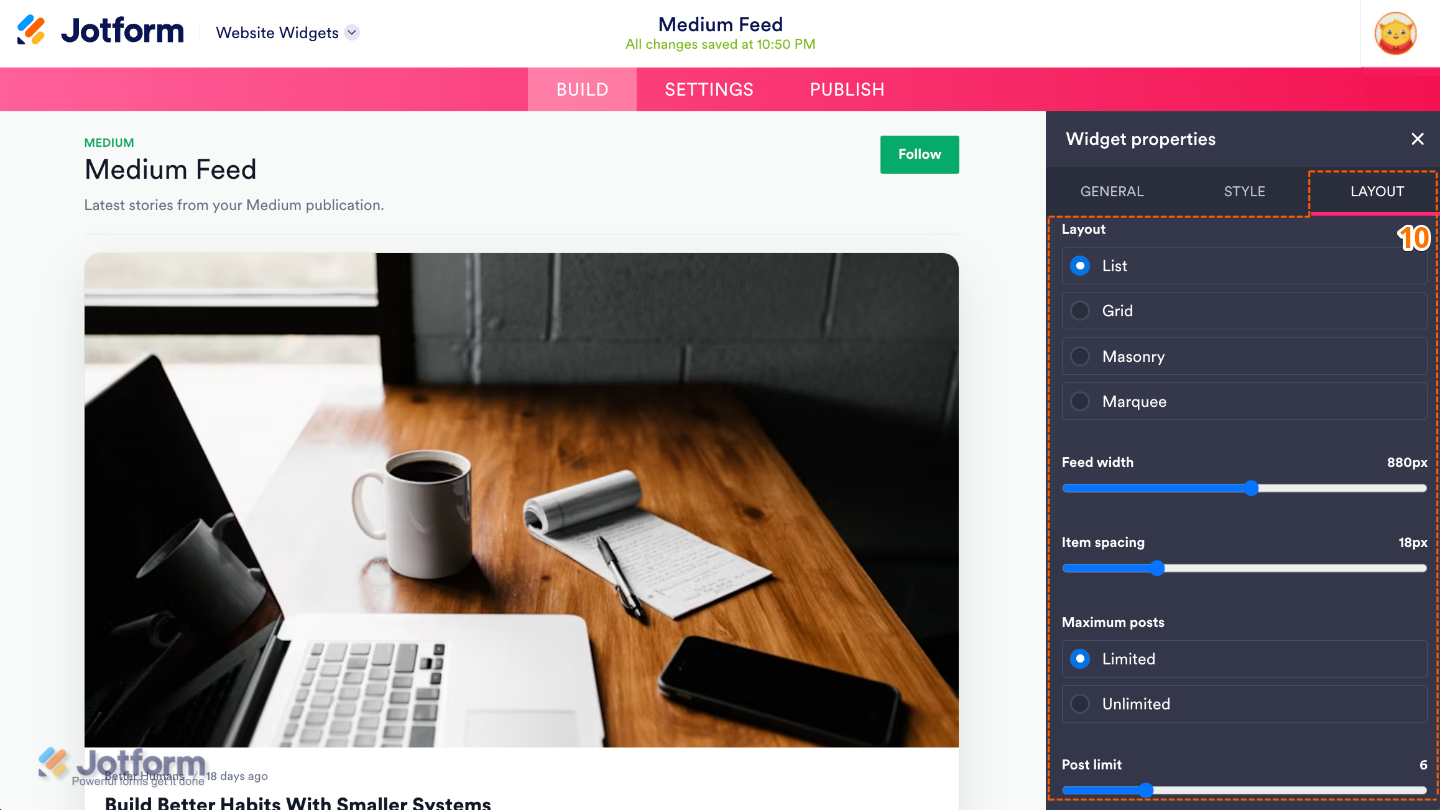 Medium Feed widget Layout settings showing Layout, Feed Width, Item Spacing, Maximum Posts, and Post Limit options