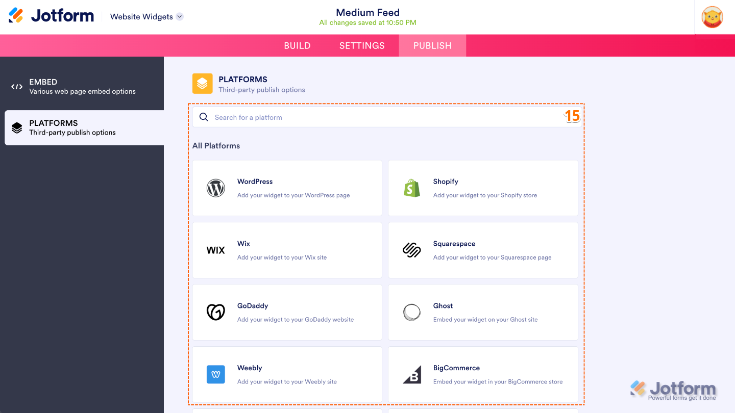 Searching for a specific platform using the Search bar at the top of the Platforms page