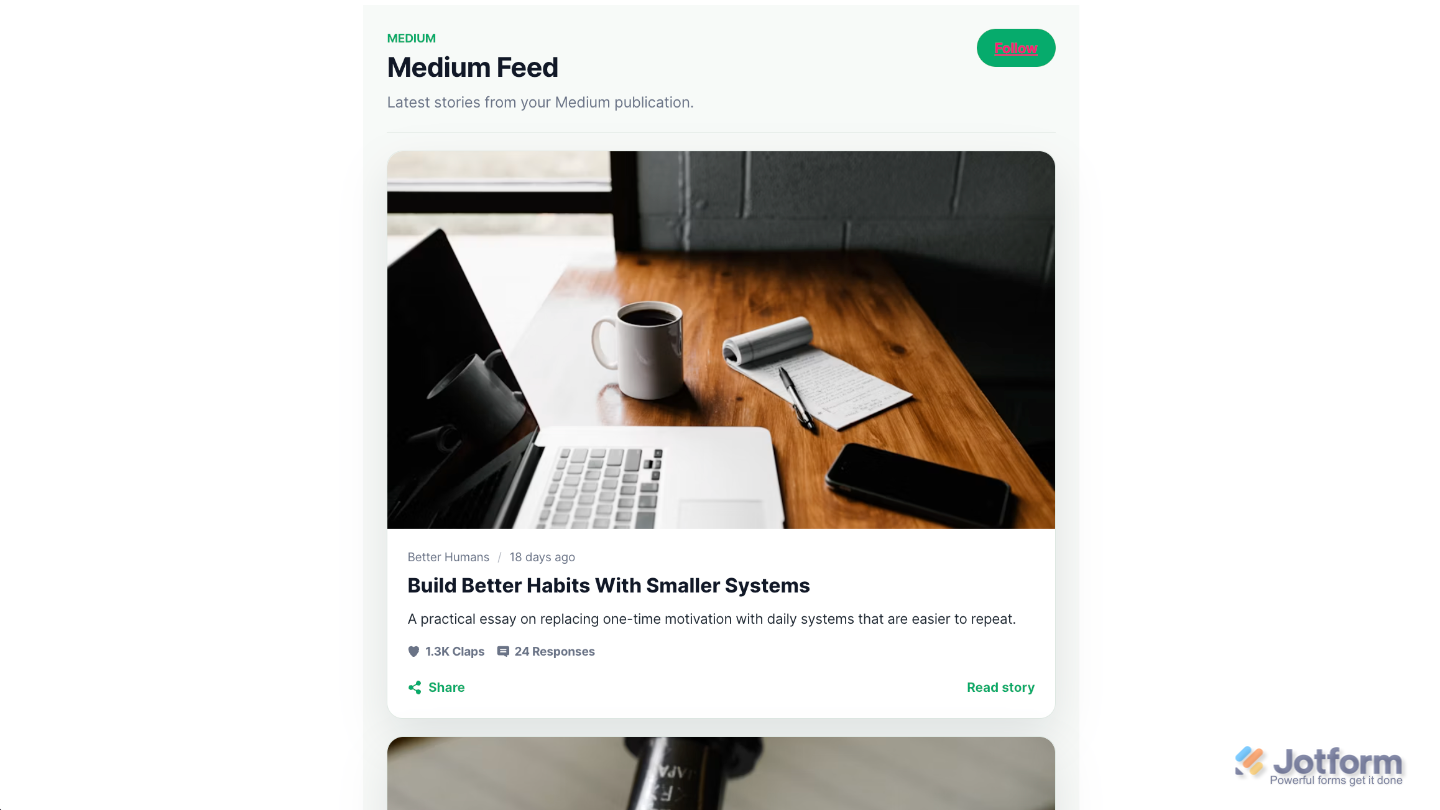 Medium Feed widget embedded on a sample website displaying the latest Medium articles in a customizable feed