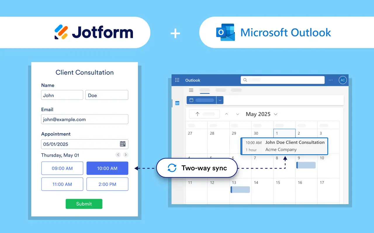 Jotform appointment form and Microsoft Outlook calendar connected with two-way synchronization