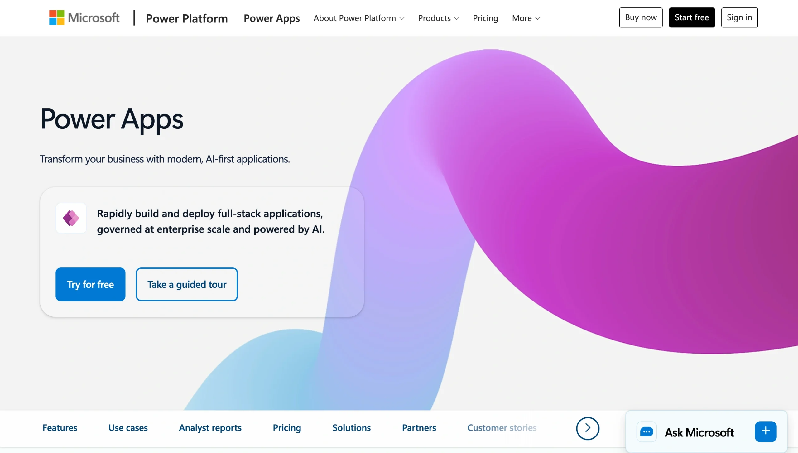Screenshot of the Microsoft Power Apps landing page