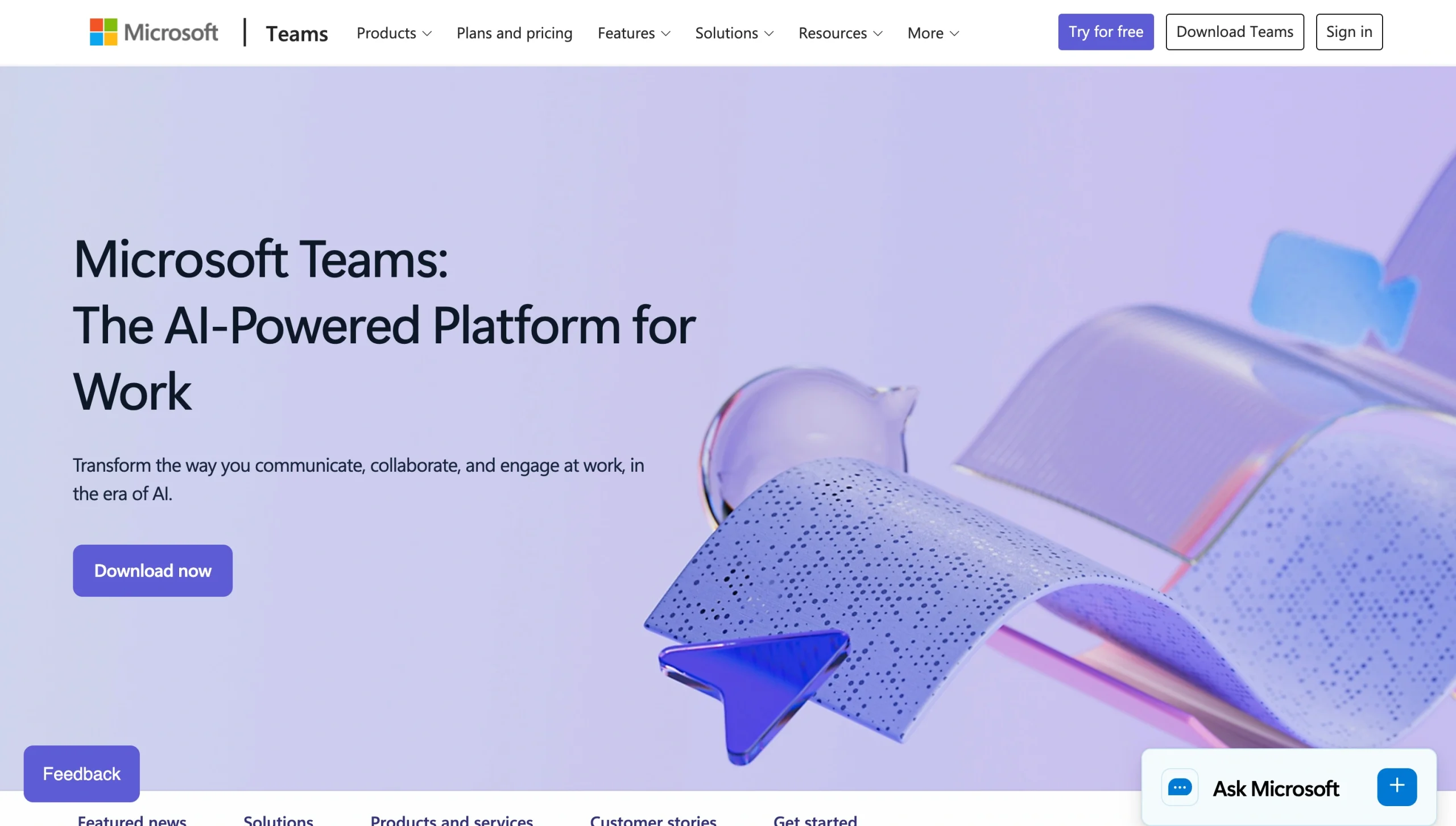 Screenshot of the Microsoft Teams landing page, showing a headline "The AI-Powered Platform for Work"