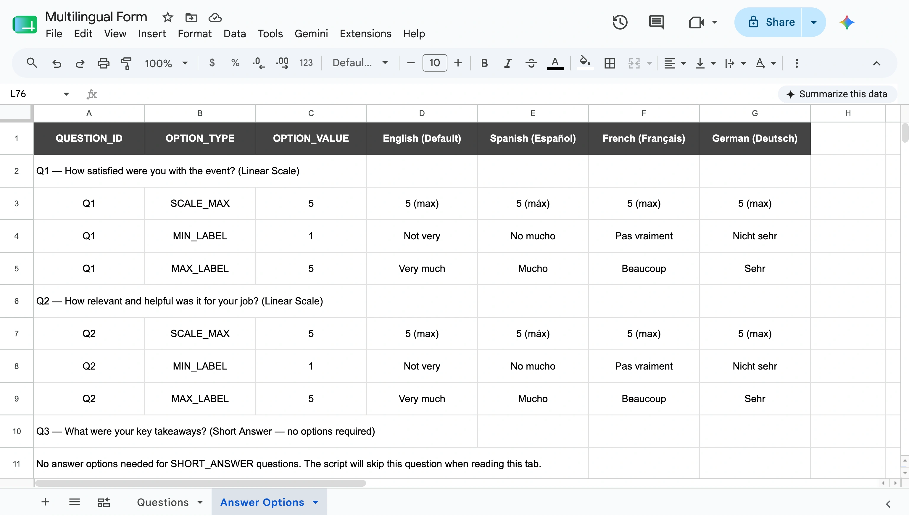 Google Sheets “Answer Options” tab containing question IDs, option types, values, and translated scale labels in multiple languages