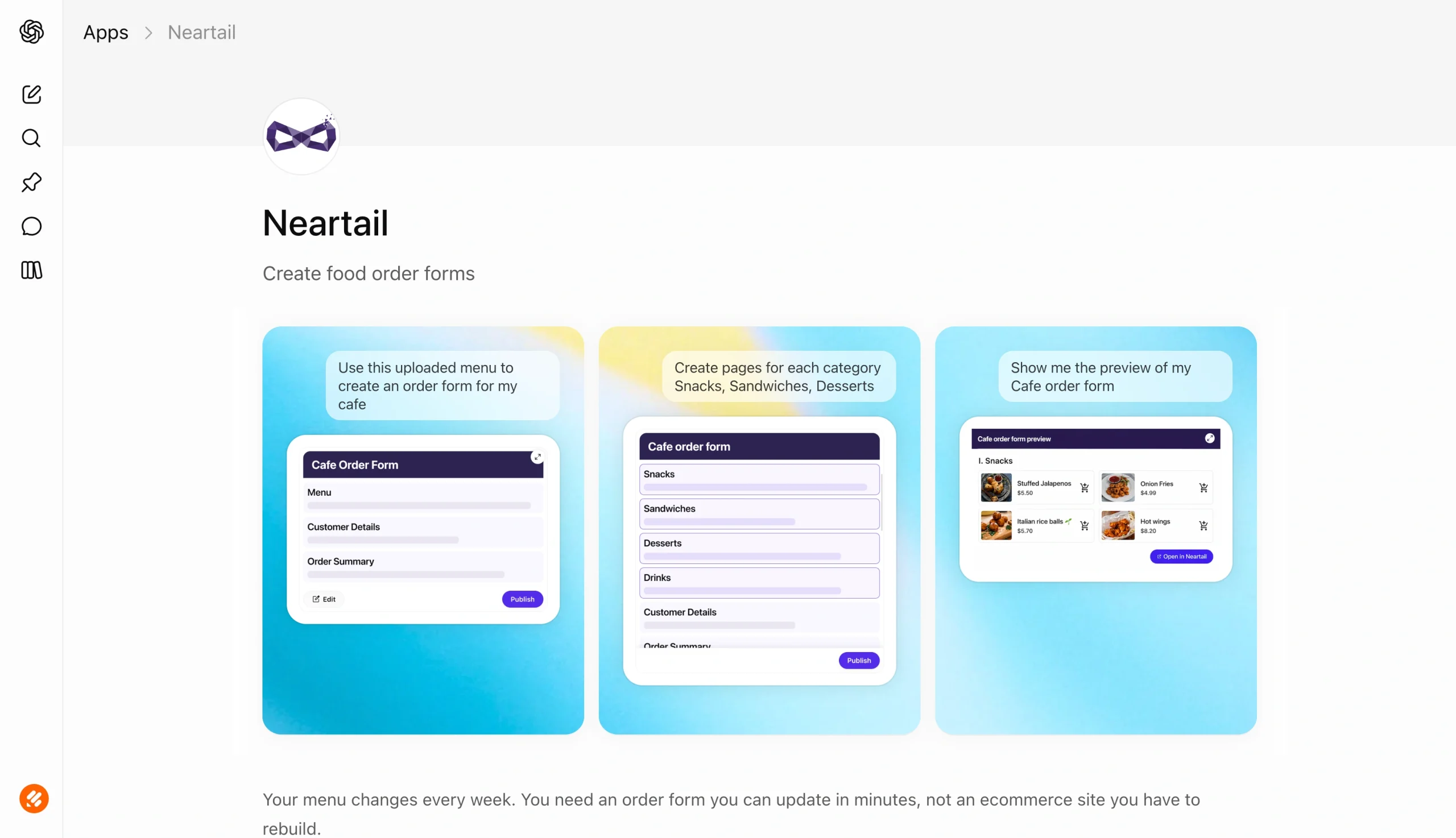 Screenshot of the OpenAI Apps page for Neartail