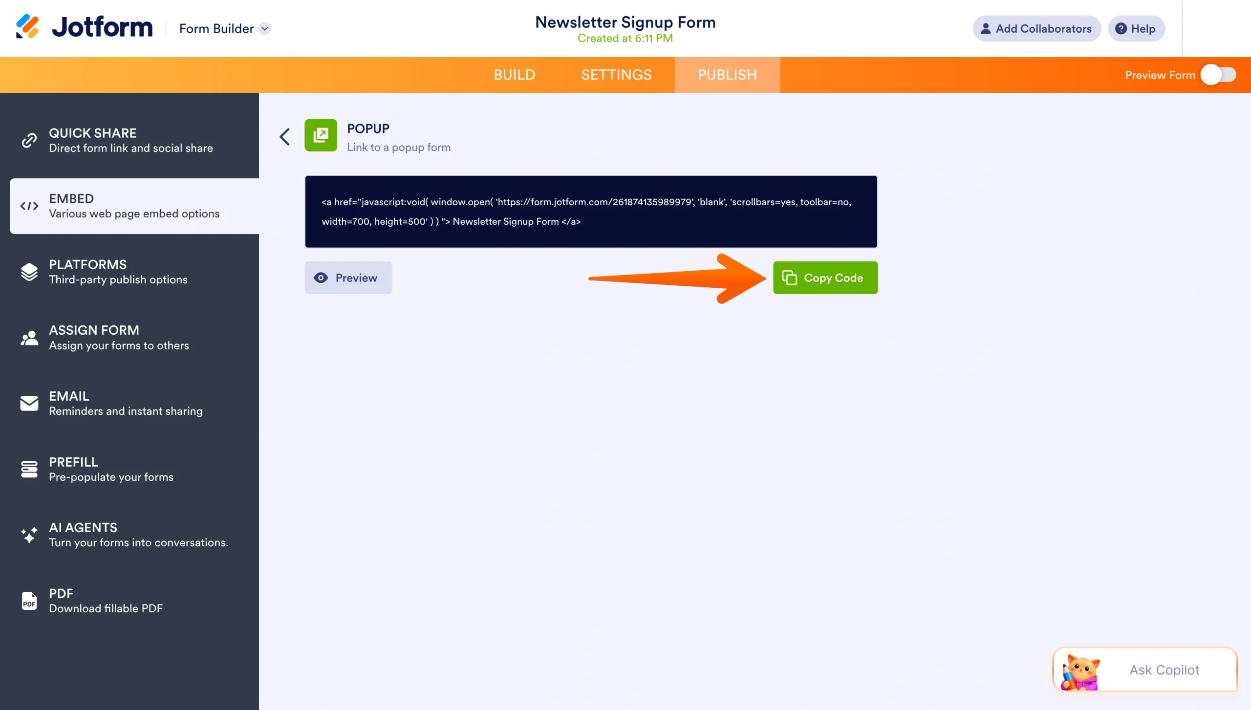 Jotform popup embed code screen with the Copy Code button highlighted