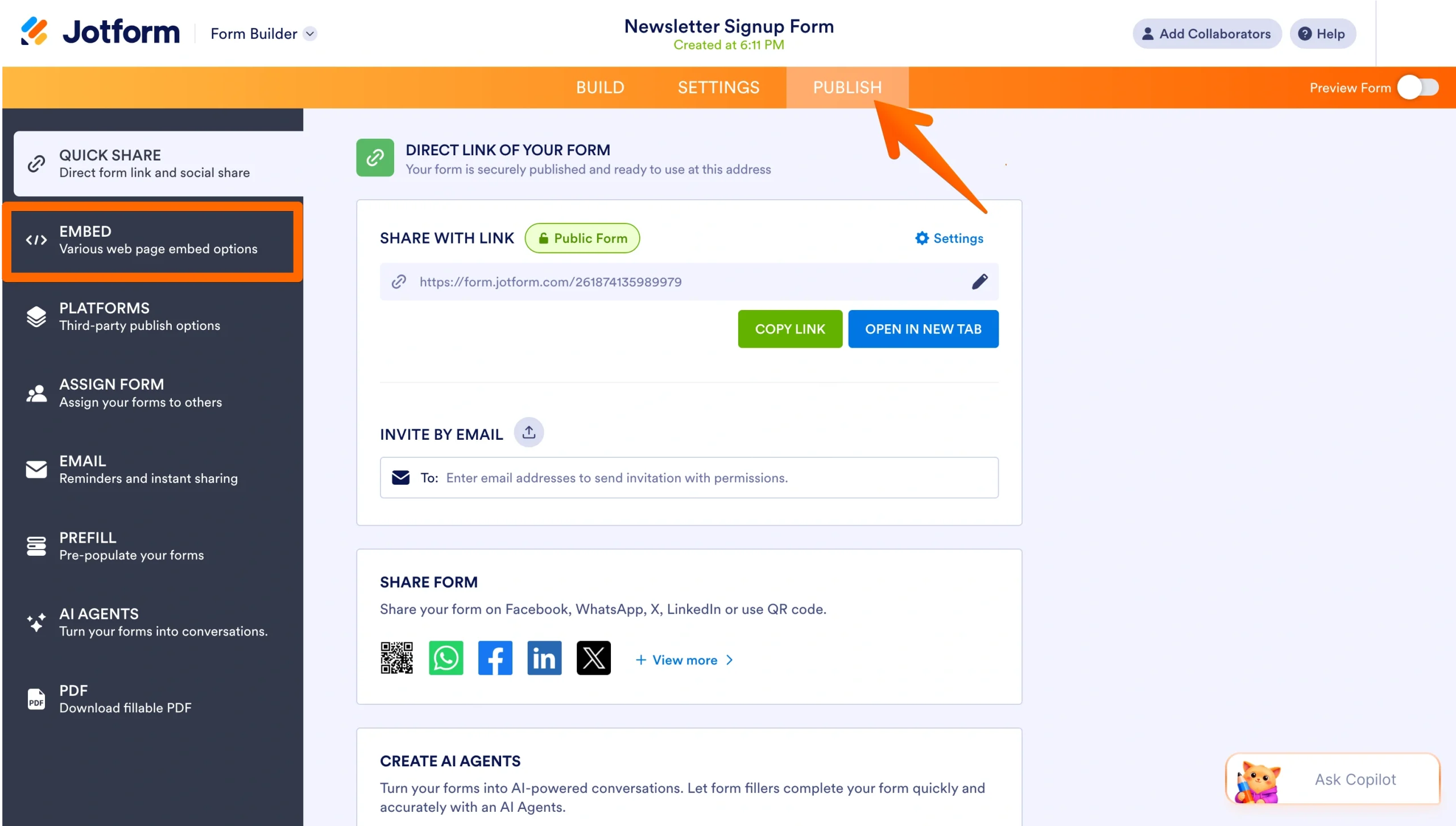 Jotform Publish tab with Embed selected in the left menu