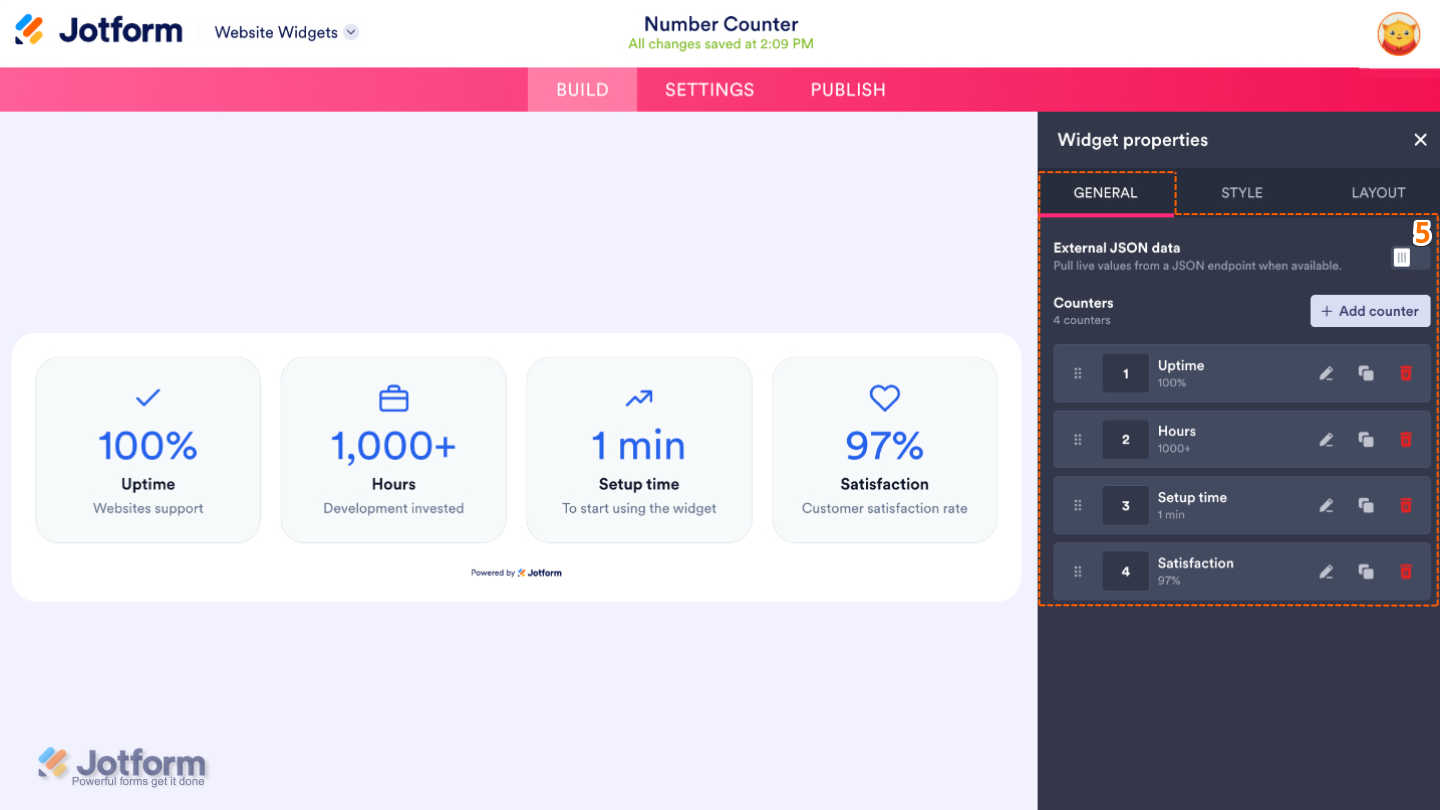 Configuring the Number Counter widget by connecting an external JSON source and managing counters with add, edit, duplicate, and delete options