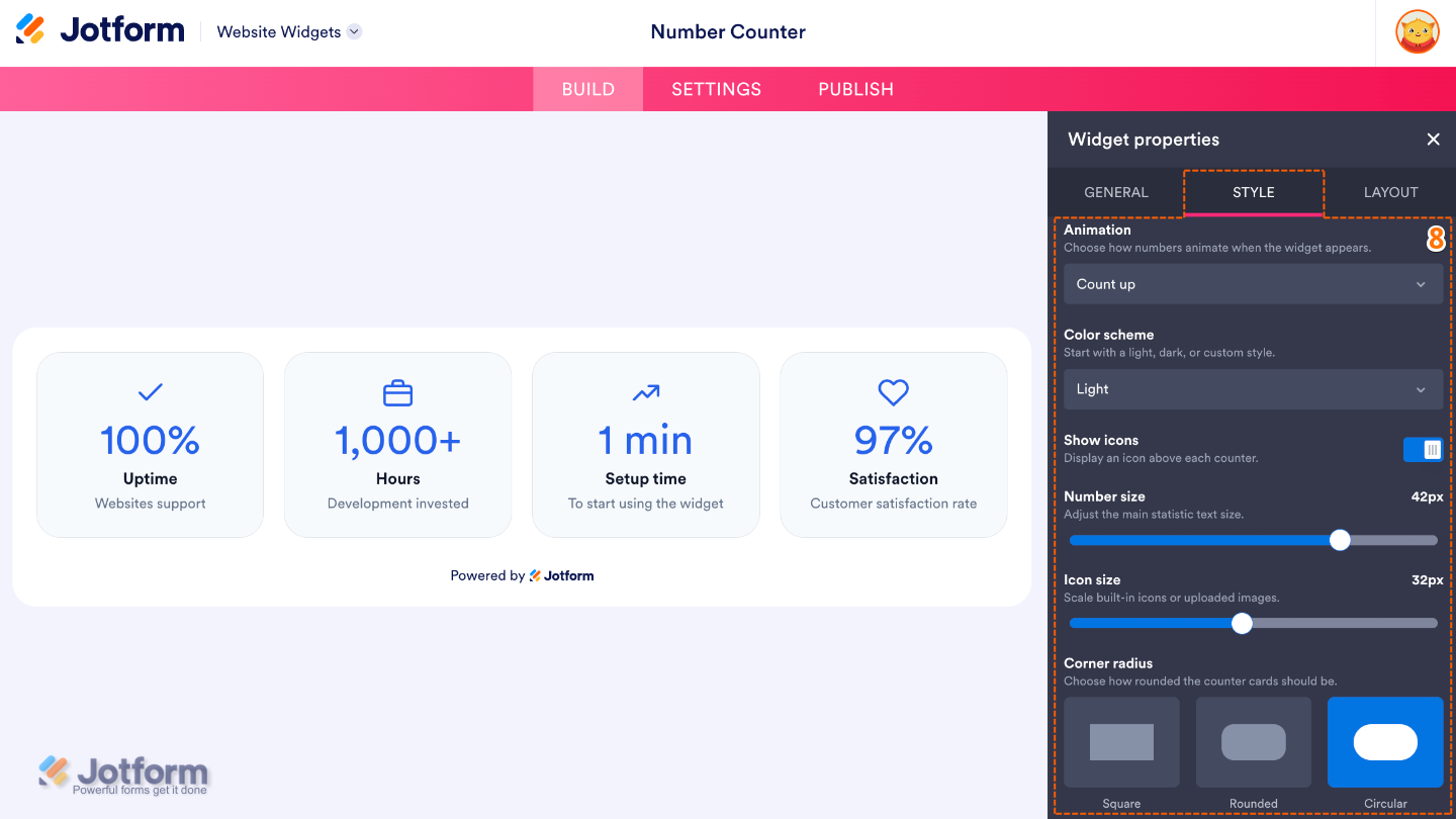 Customizing the Number Counter widget by selecting an animation, color scheme, icon settings, number size, and corner radius