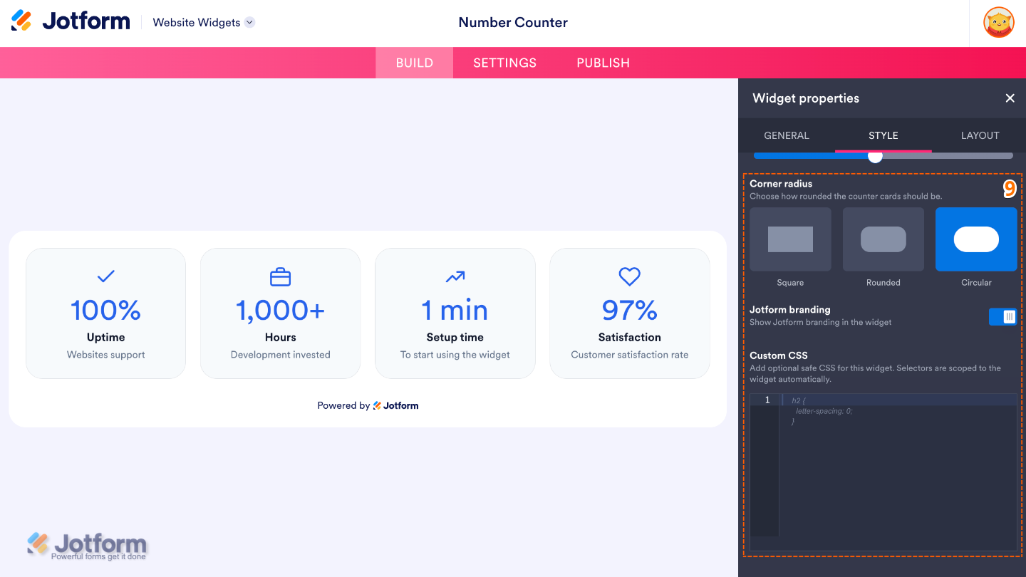 Customizing the Number Counter widget by managing Jotform branding visibility and applying custom CSS