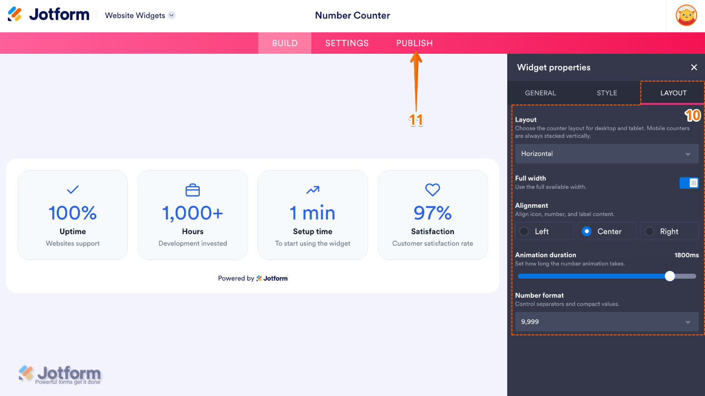 Configuring the Number Counter widget layout by adjusting the counter arrangement, width, alignment, animation duration, number format, and clicking Publish
