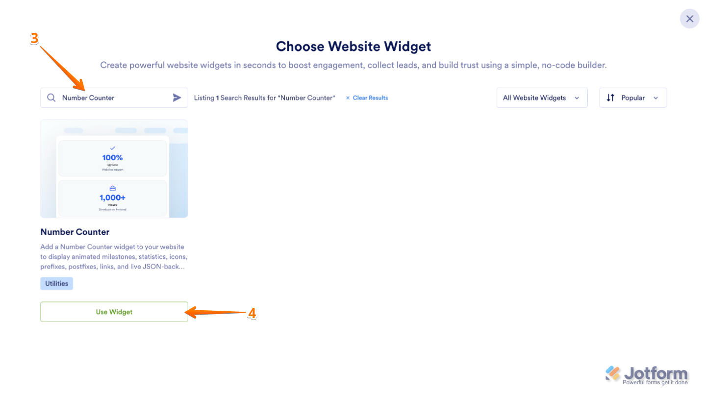 Choose Website Widget page showing the Number Counter widget searched in the search bar with the Use Widget button