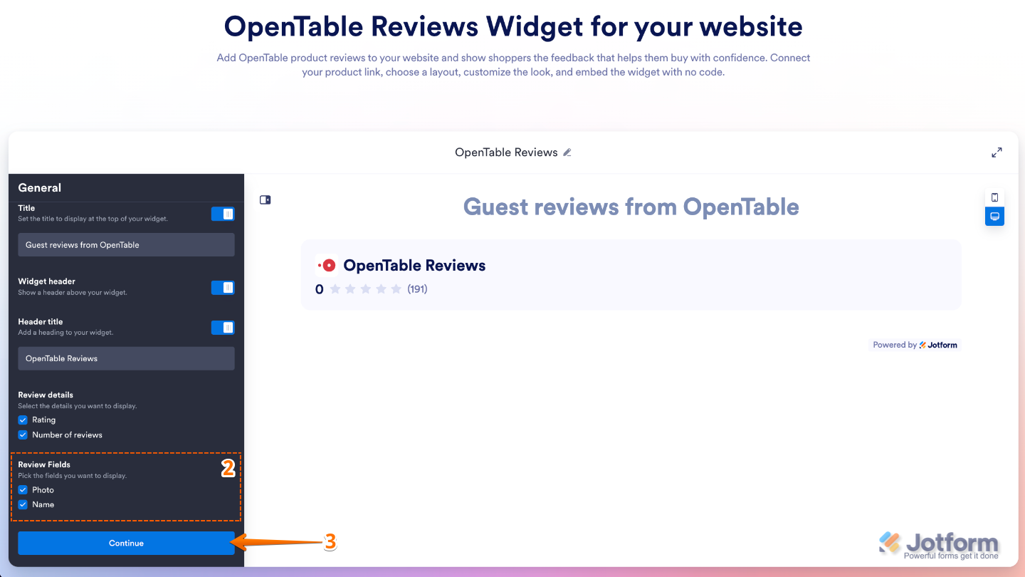 Customizing the OpenTable Reviews widget by choosing whether to show reviewer profile photos and names