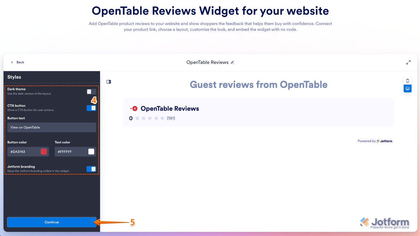 Customizing the OpenTable Reviews widget appearance by configuring the dark theme, call-to-action button, colors, and branding settings