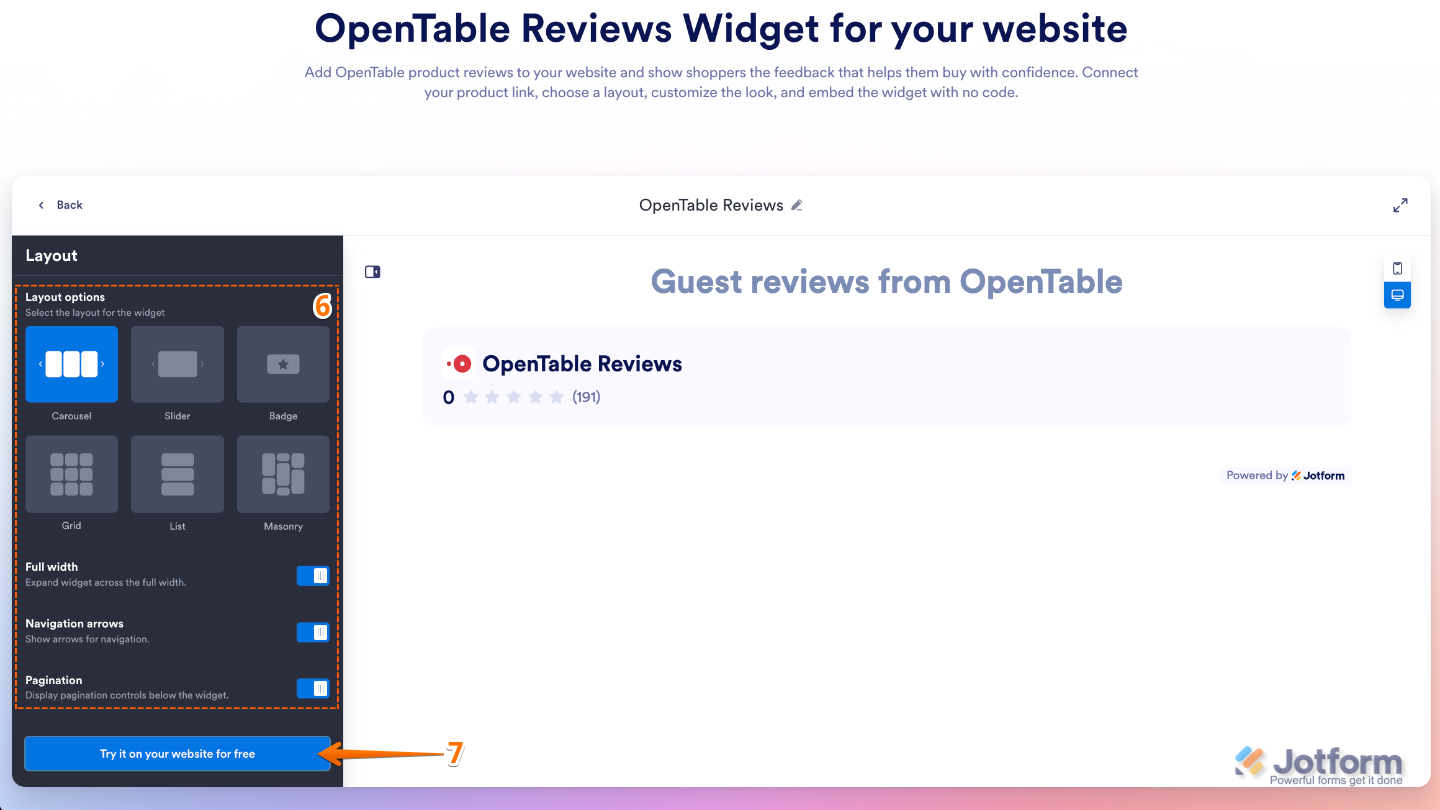 Configuring the OpenTable Reviews widget layout by selecting a display style and adjusting full-width, navigation, and pagination settings