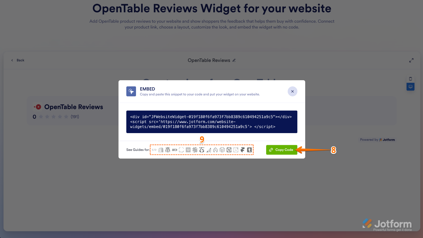 Embedding the OpenTable Reviews widget by copying the embed code or selecting a supported website platform for setup instructions