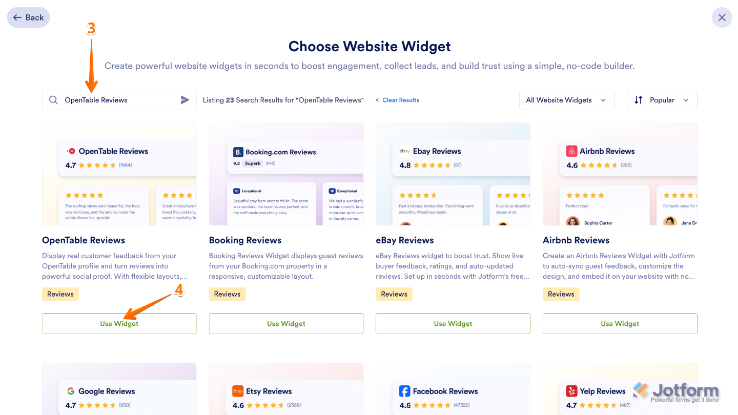 Searching for the OpenTable Reviews widget in the Choose Website Widget menu and selecting Use Widget