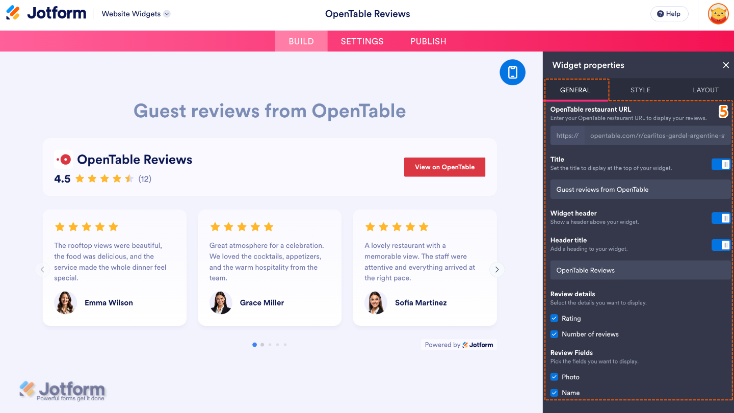 OpenTable Reviews widget General tab open in the Widget Properties menu for configuring the widget