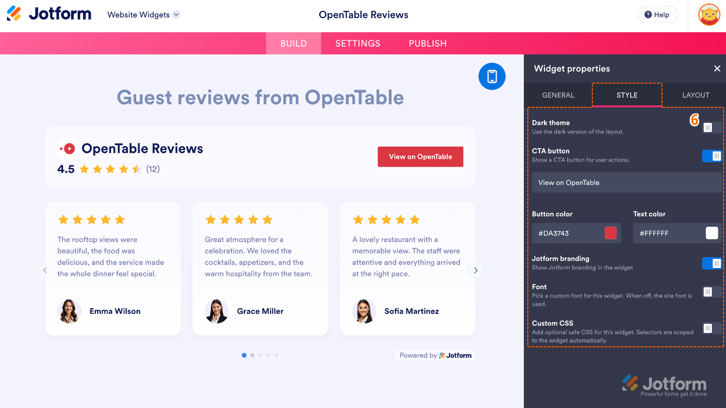Customizing the OpenTable Reviews widget with a dark theme, CTA button, colors, font, Jotform branding, and custom CSS