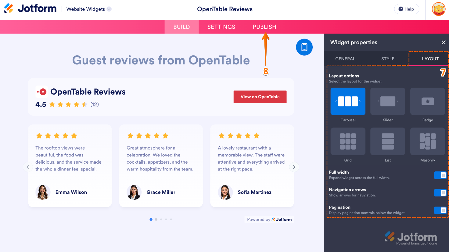 Configuring the OpenTable Reviews widget layout by adjusting review arrangement, width, navigation arrows, pagination, and clicking Publish to save the changes