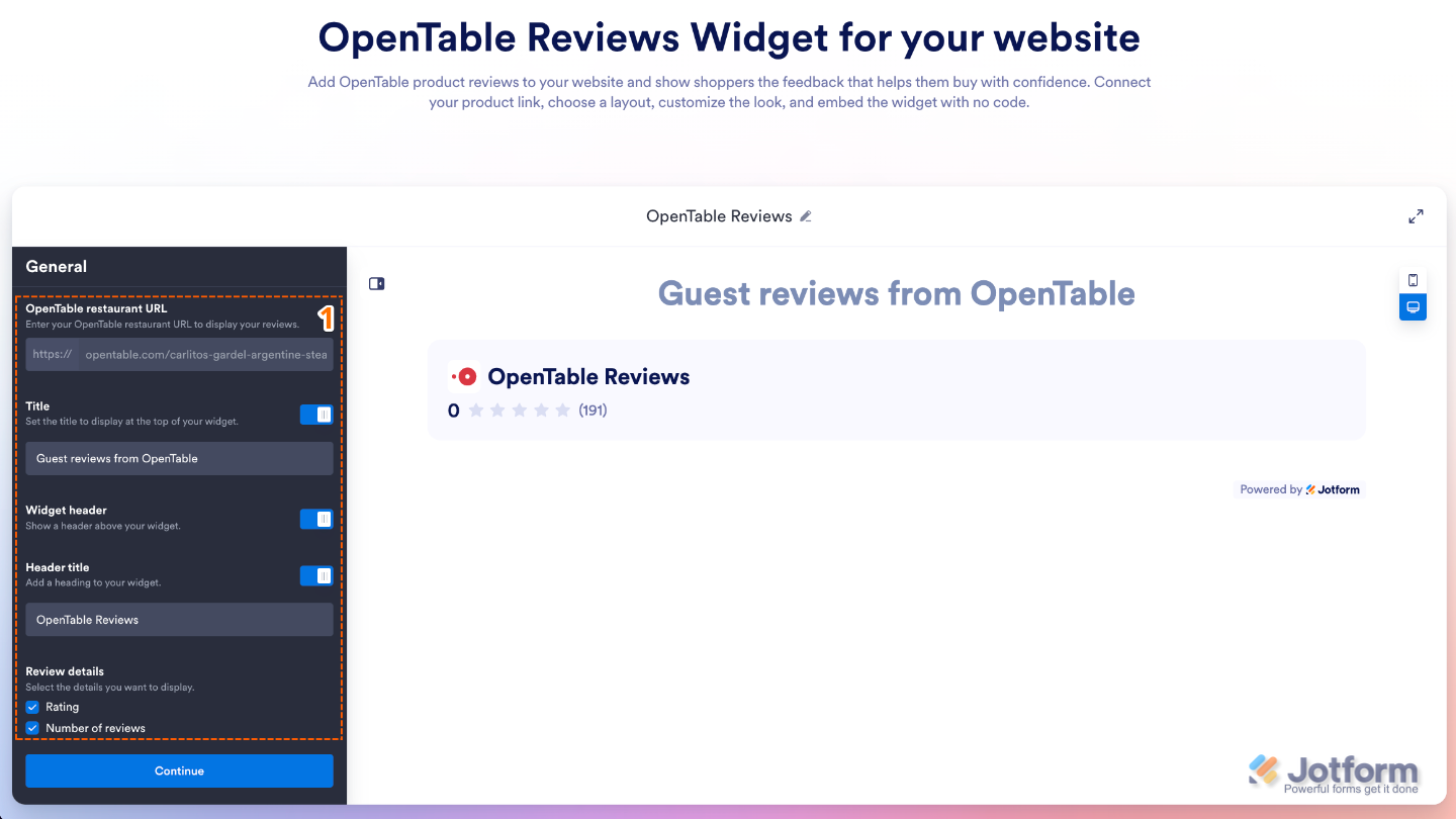 Configuring the OpenTable Reviews widget by entering an OpenTable restaurant URL and customizing the header, rating, and review display settings