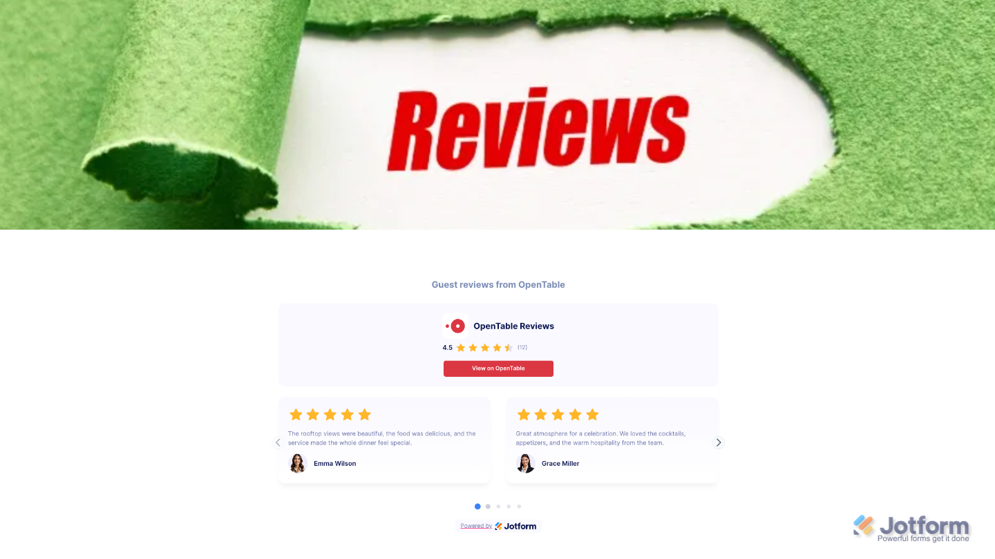 Example of the OpenTable Reviews widget embedded on a website, showing customer reviews based on the selected settings
