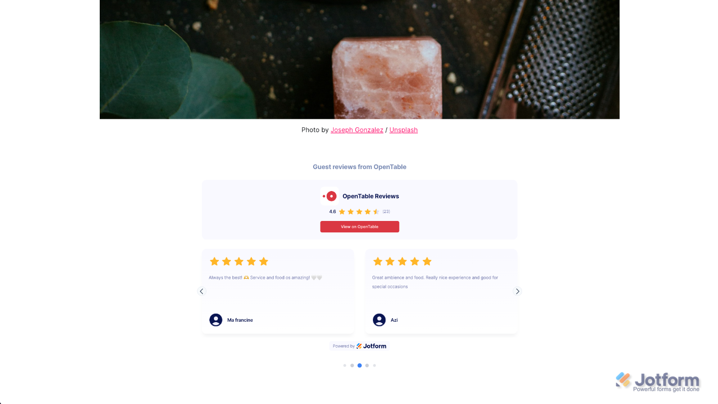 Sample website showing the OpenTable Reviews widget with restaurant ratings and customer reviews after embedding the widget