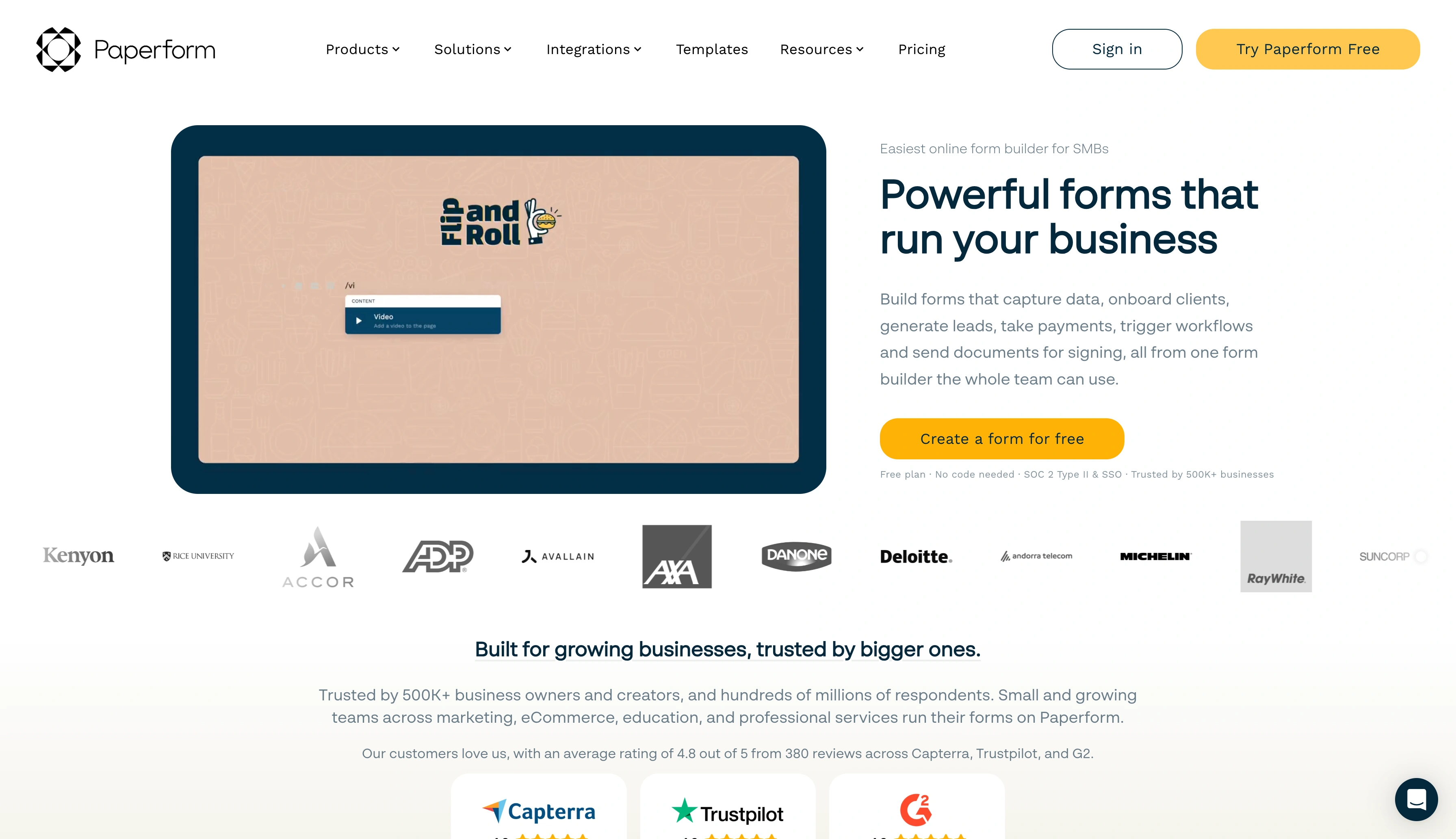 Screenshot of the Paperform landing page, showing a headline "Powerful forms that run your business"