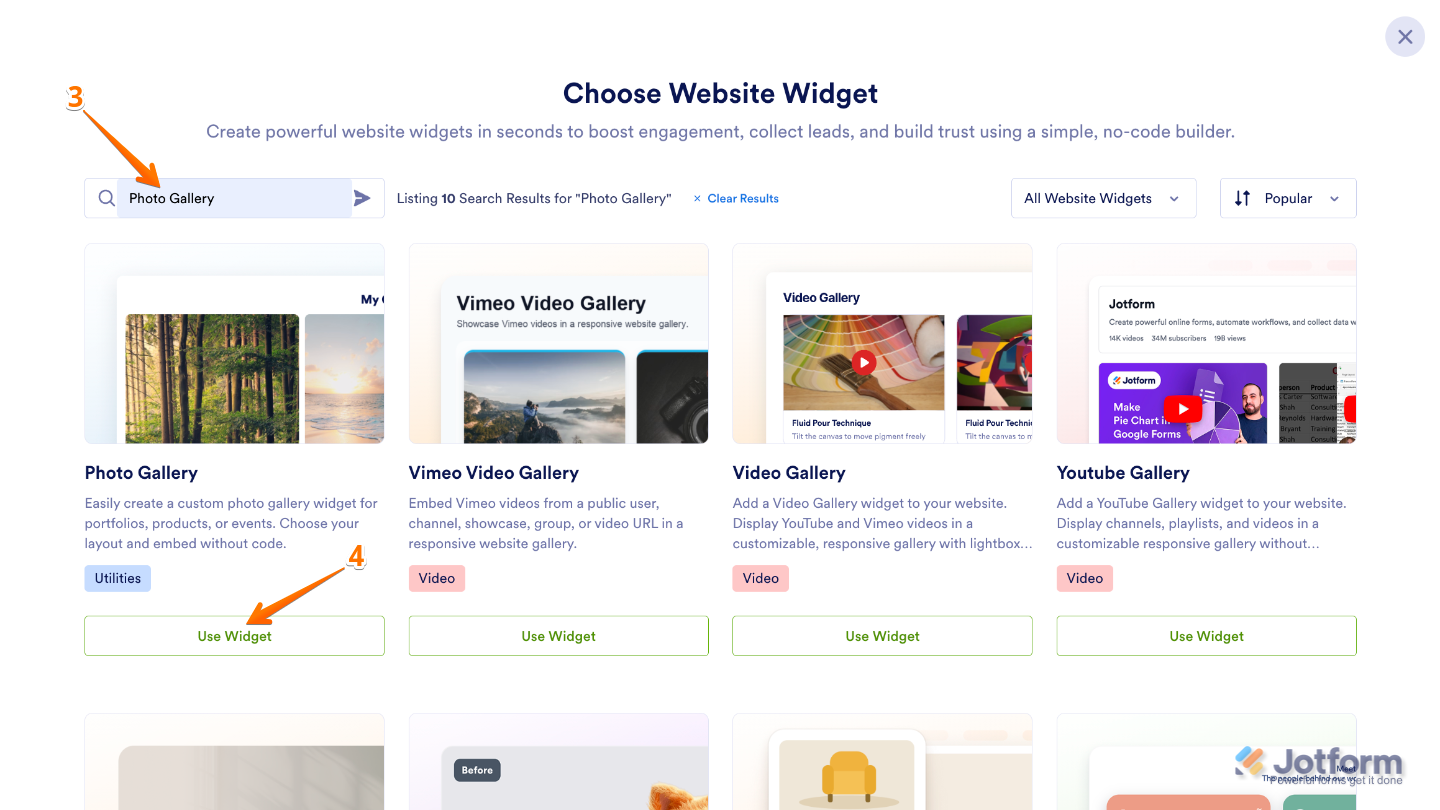 Searching for the Photo Gallery widget in the Choose Website Widget menu and selecting Use Widget