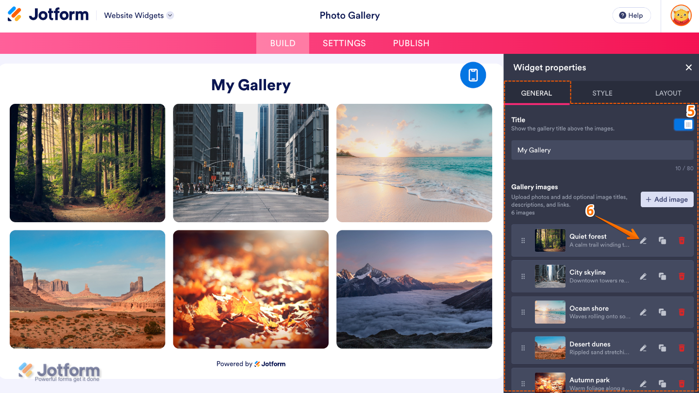 Configuring the Photo Gallery widget by adding a title, managing gallery images, and selecting the Edit Image option