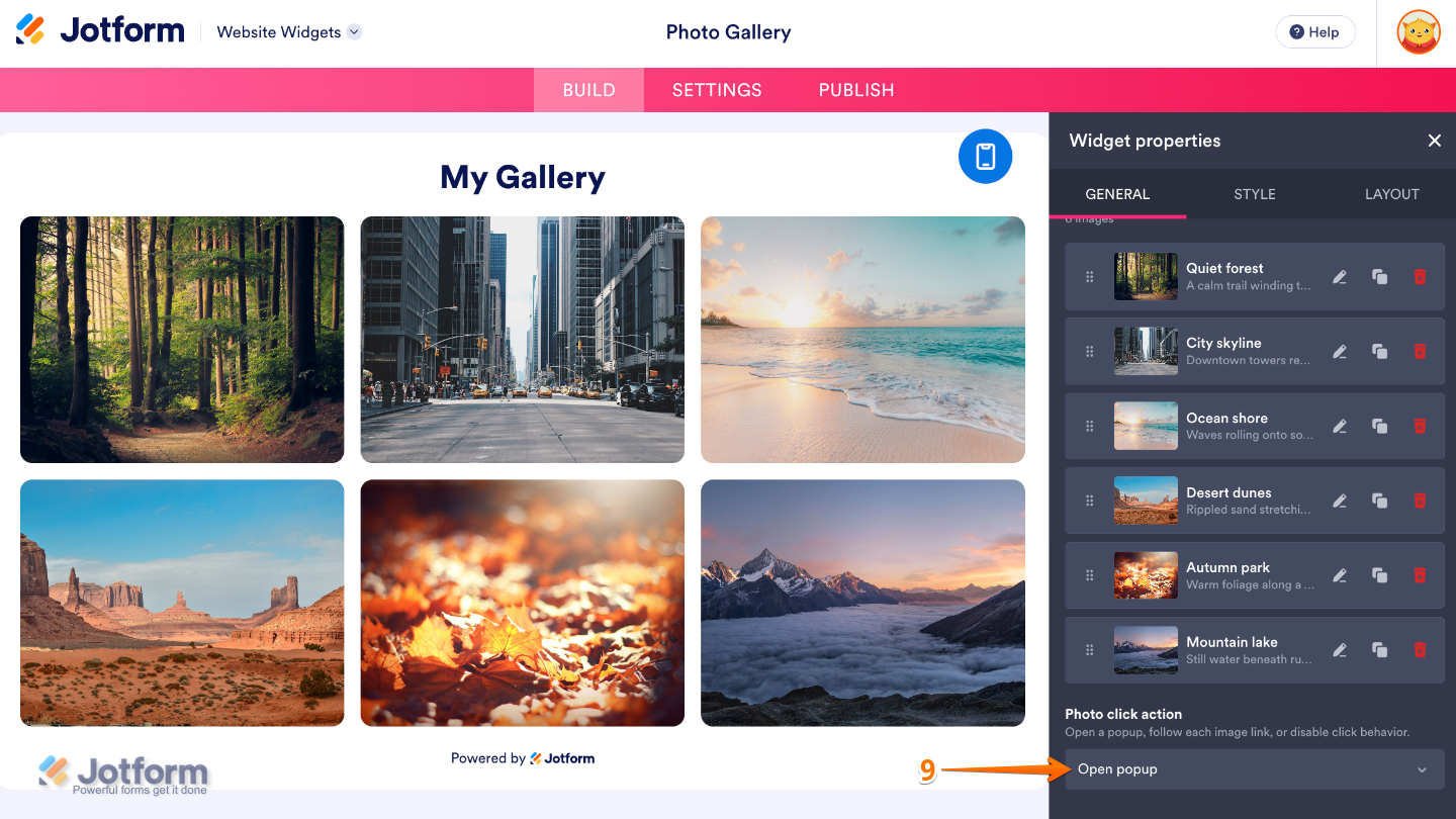 Configuring the Photo Gallery widget by selecting the Photo Click Action option to open the full-size image or a linked webpage