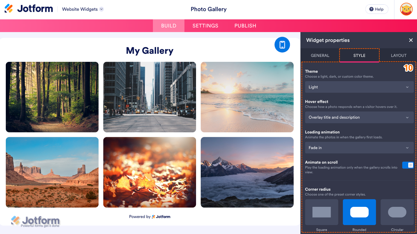 Customizing the Photo Gallery widget by selecting a theme, hover effect, loading animation, scroll animation, and rounded image corners