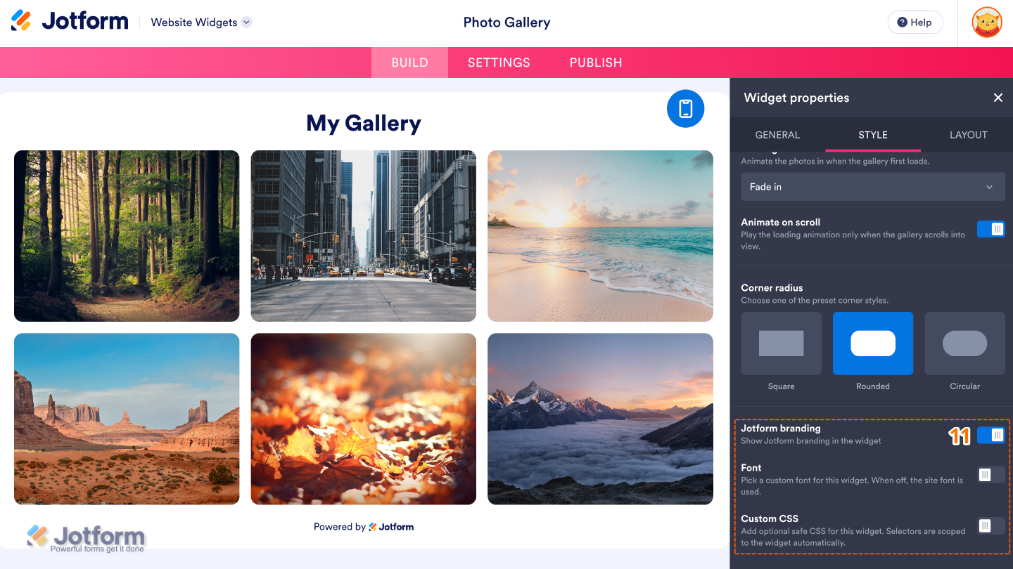 Customizing the Photo Gallery widget by managing Jotform branding, selecting a font, and applying custom CSS