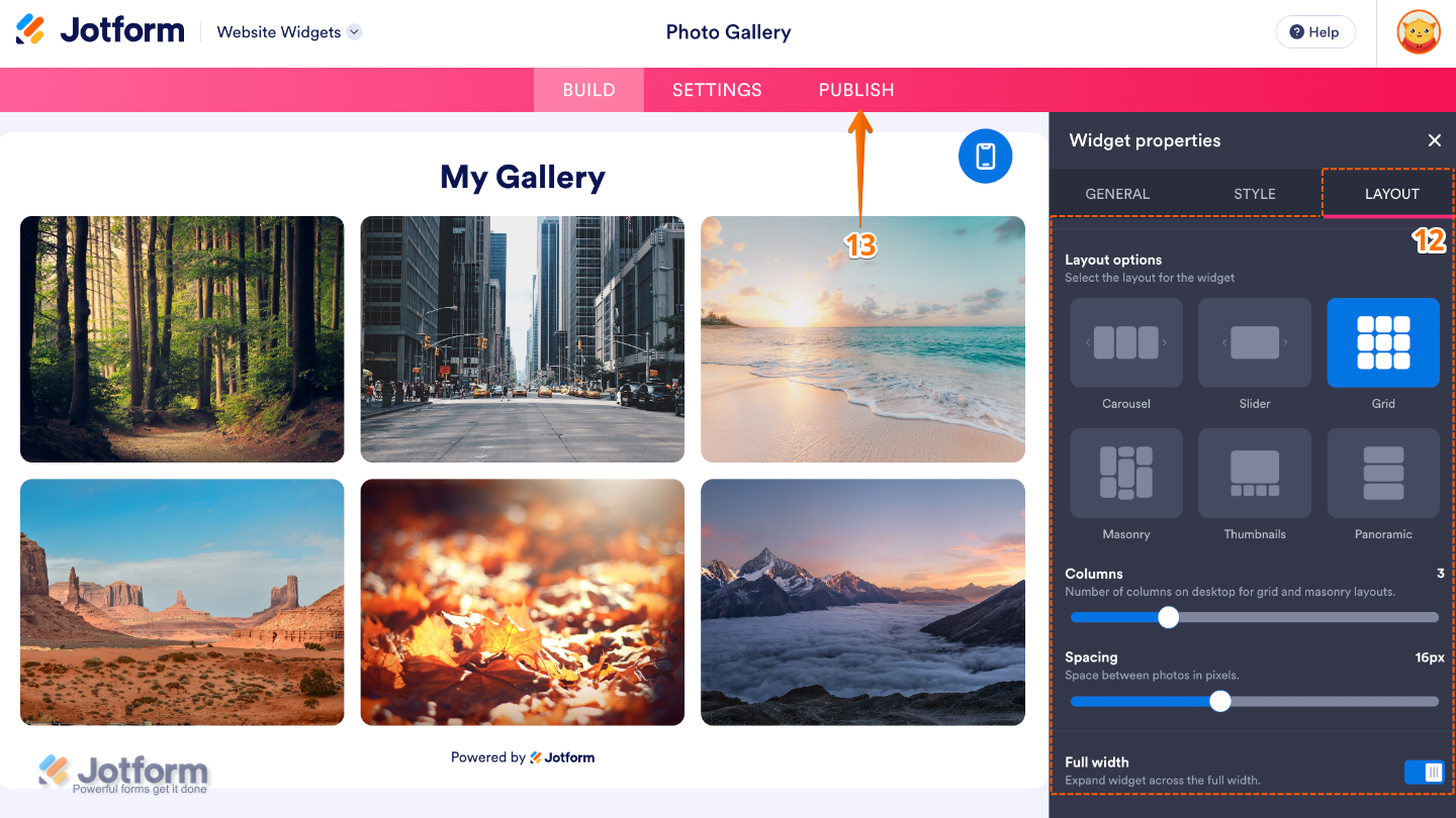 Configuring the Photo Gallery widget by adjusting the layout, columns, spacing, and full-width display before clicking Publish
