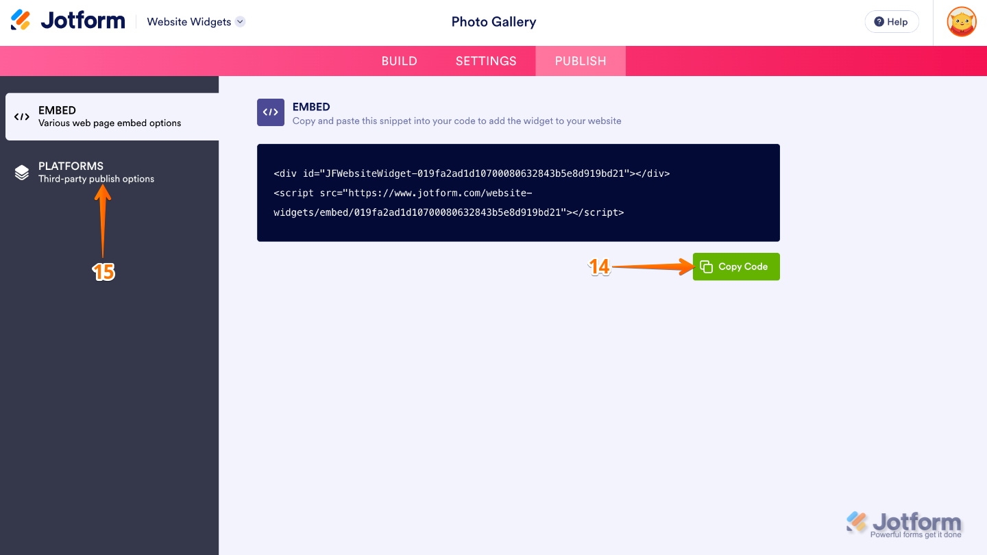 Copying the Photo Gallery widget embed code or selecting Platforms to view platform-specific embedding instructions