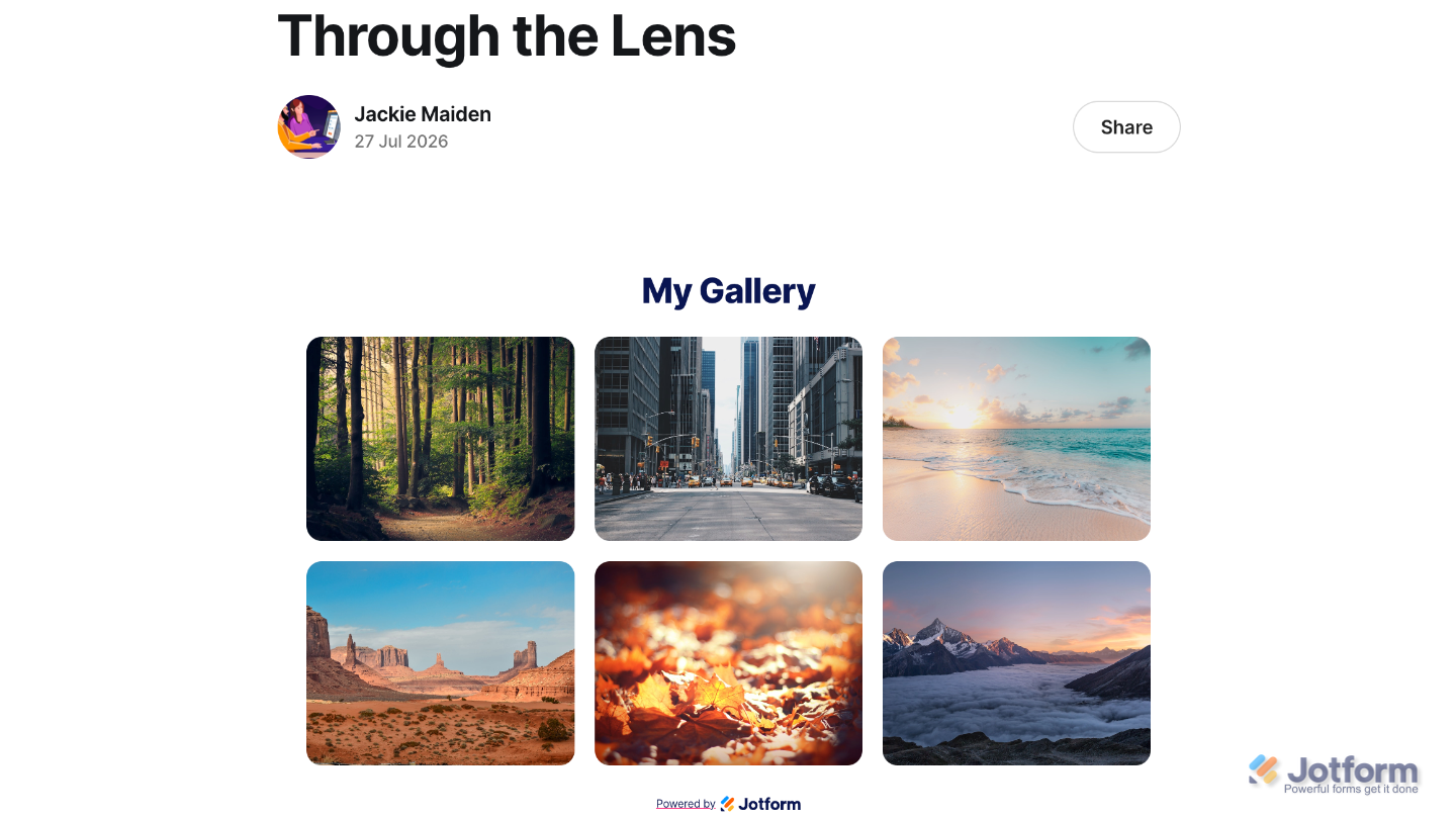 Sample website showing the Photo Gallery widget with the selected design, image arrangement, and interactive gallery layout