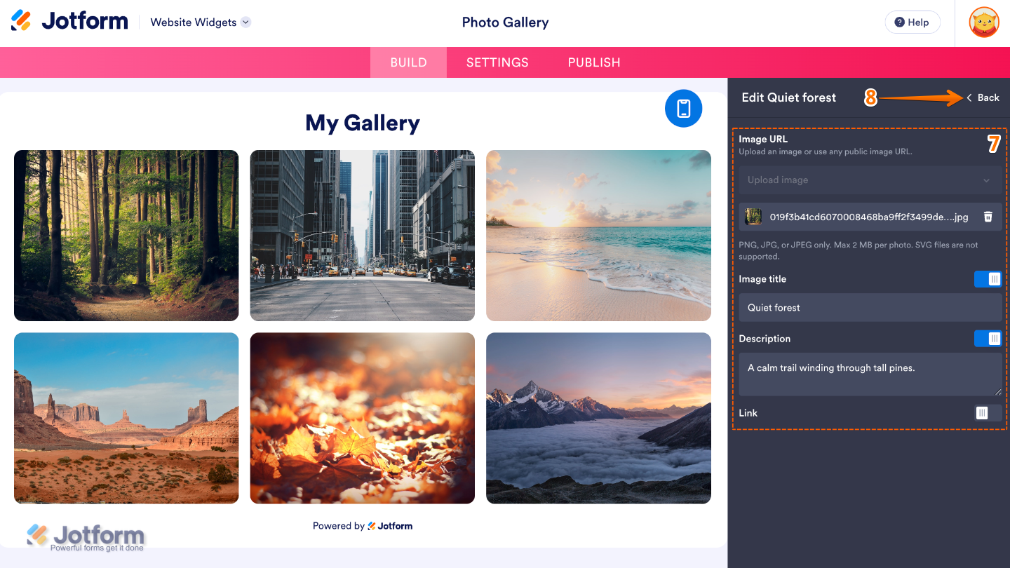 Configuring a gallery image by entering the image URL, title, description, and link before clicking Back